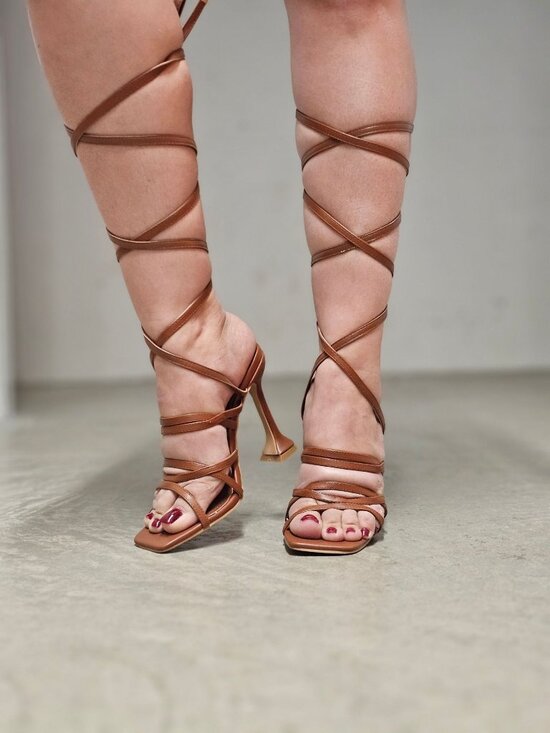 Shoes - Strappy Brown Gladiator Heels With Lace-Up Design & Square Toe High Heel Sandals